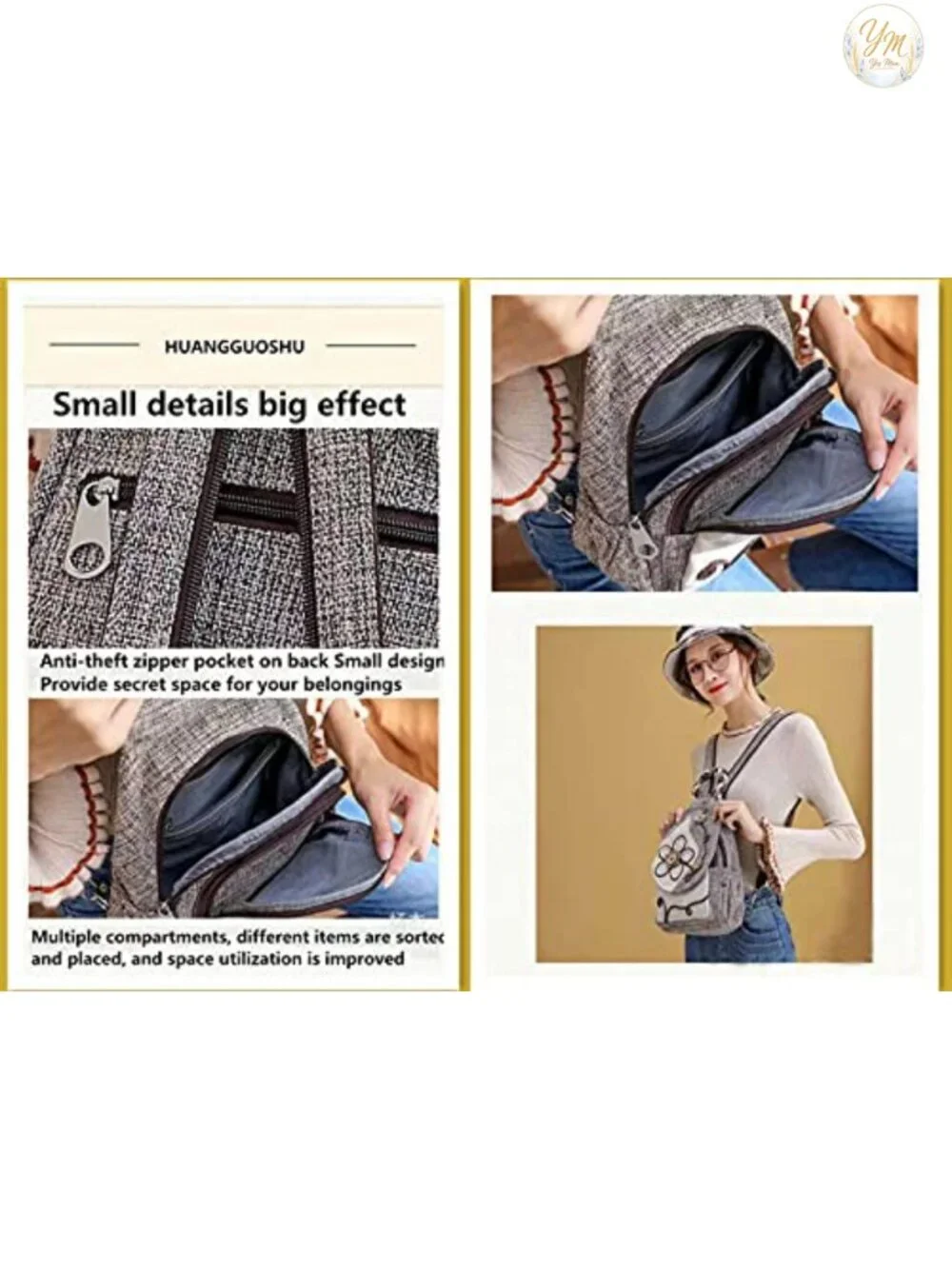 Boho Handwoven Canvas Backpack Purse Multi-Pocket Convertible Sling Daypack